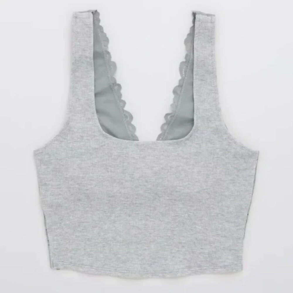 Aerie Lace Waffle Longline Bralette in Light Gray Size S New